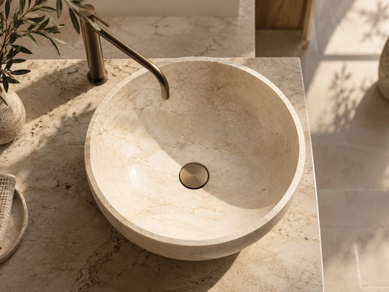 Lavabo bol de piedra crema tallado sobre encimera de piedra clara