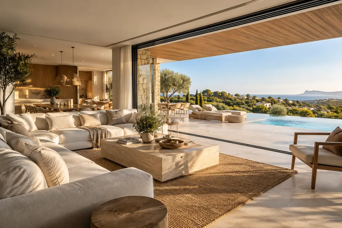 Salón con correderas de aluminio de gran formato abiertas a la terraza y la piscina