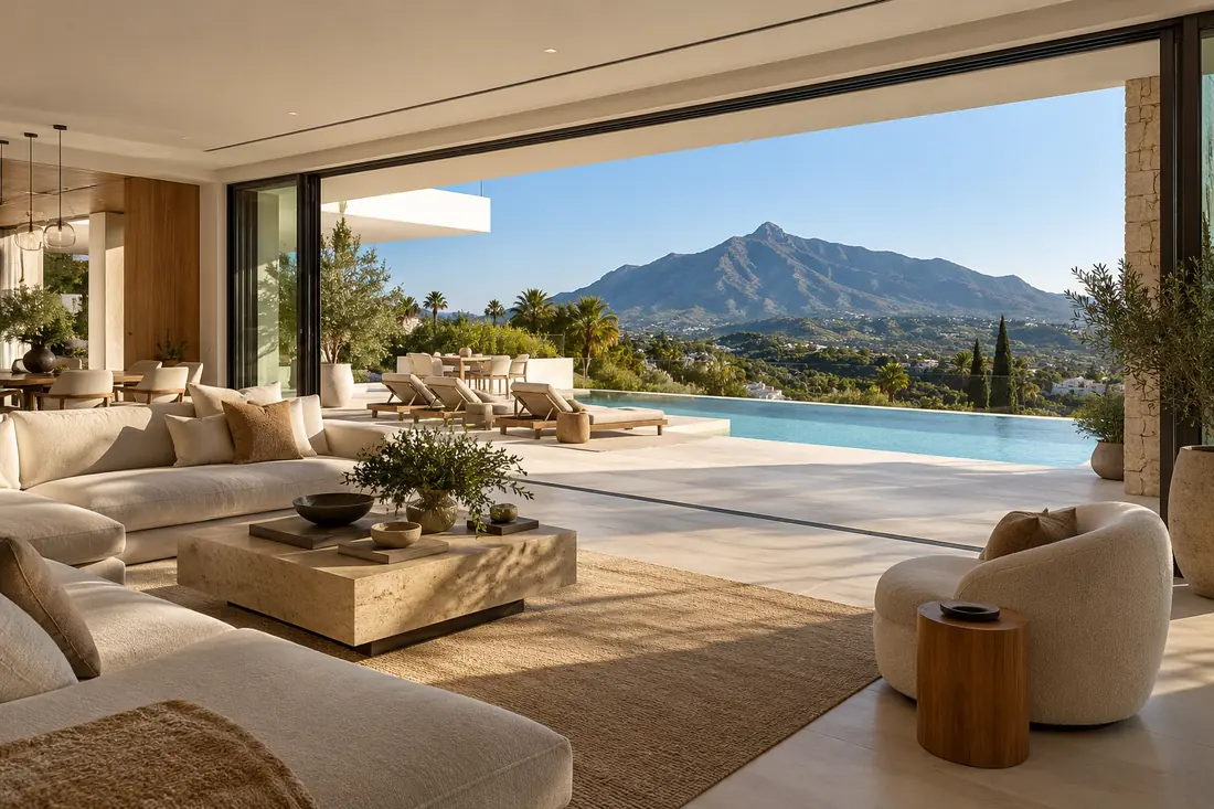Salón con grandes correderas de aluminio abiertas a la terraza y la sierra