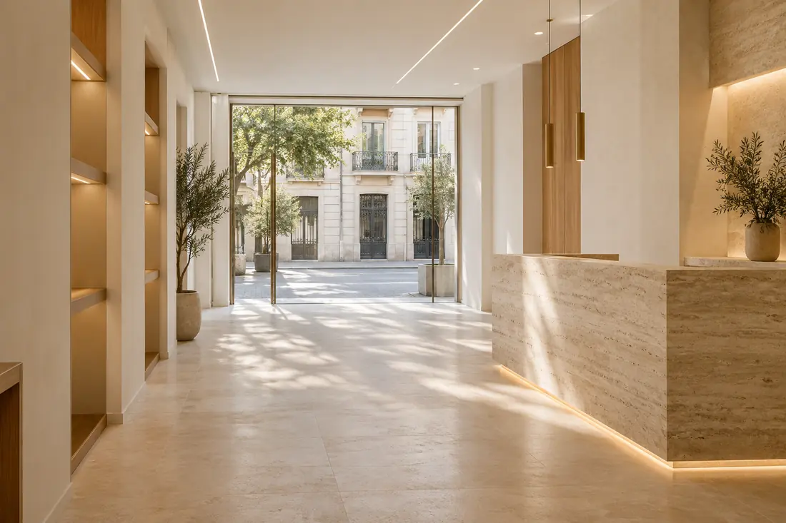 Local comercial reformado con suelo de piedra clara, techo con iluminación lineal y escaparate a la calle
