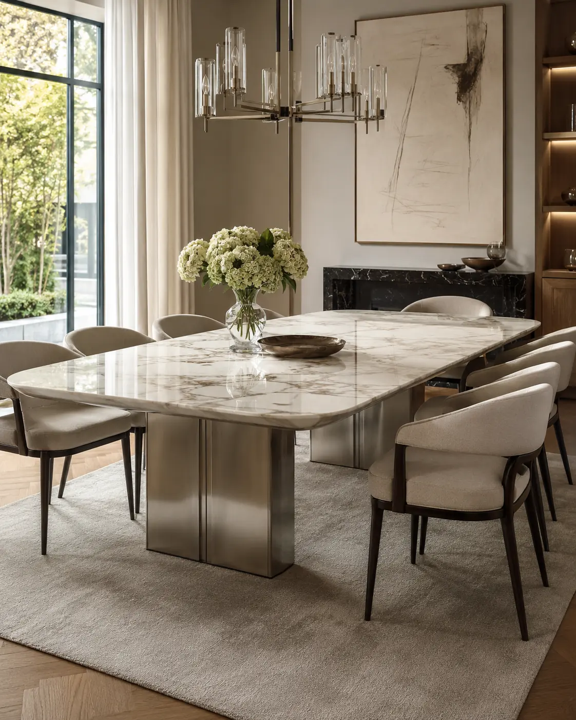 Mesa de comedor de mármol blanco sobre pie de acero inoxidable con lámpara de cristal