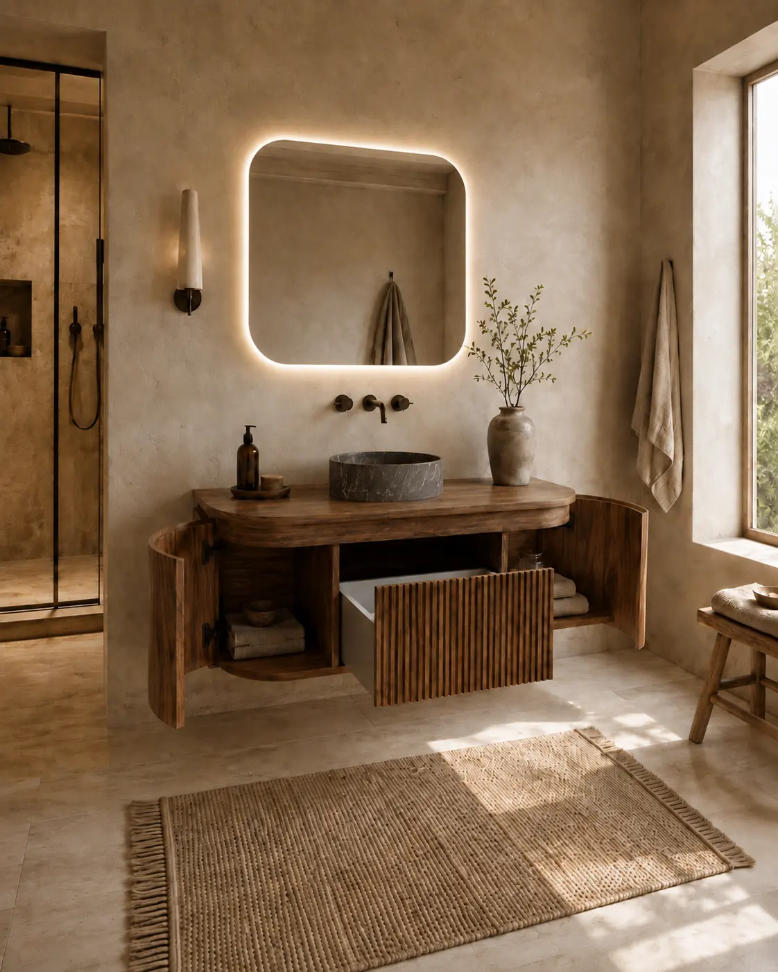 Mueble de madera curvo con lavabo de piedra, espejo retroiluminado y alfombra de yute