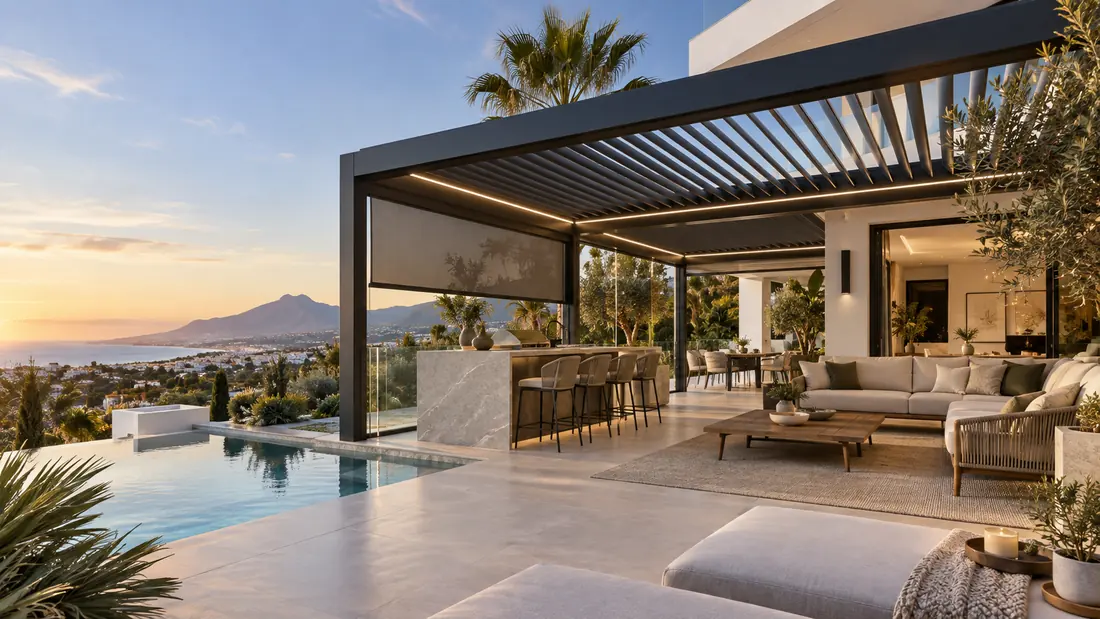 Pérgola bioclimática antracita con LED y screen frontal sobre un salón exterior junto a una piscina desbordante al atardecer