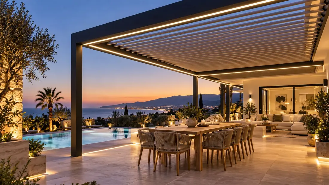 Pérgola bioclimática sobre un comedor exterior al atardecer