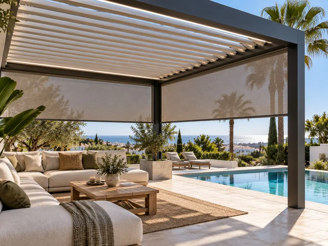 Pérgola bioclimática con cortinas verticales de protección solar