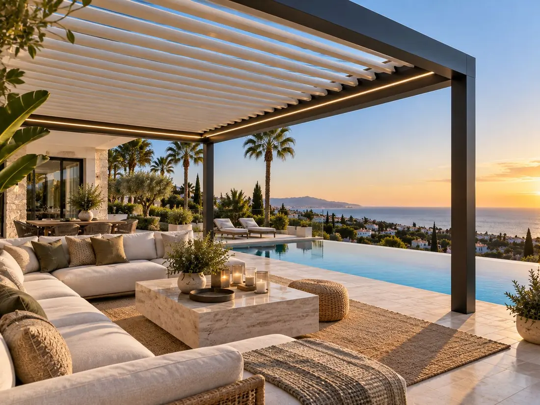 Pérgola bioclimática junto a una piscina desbordante