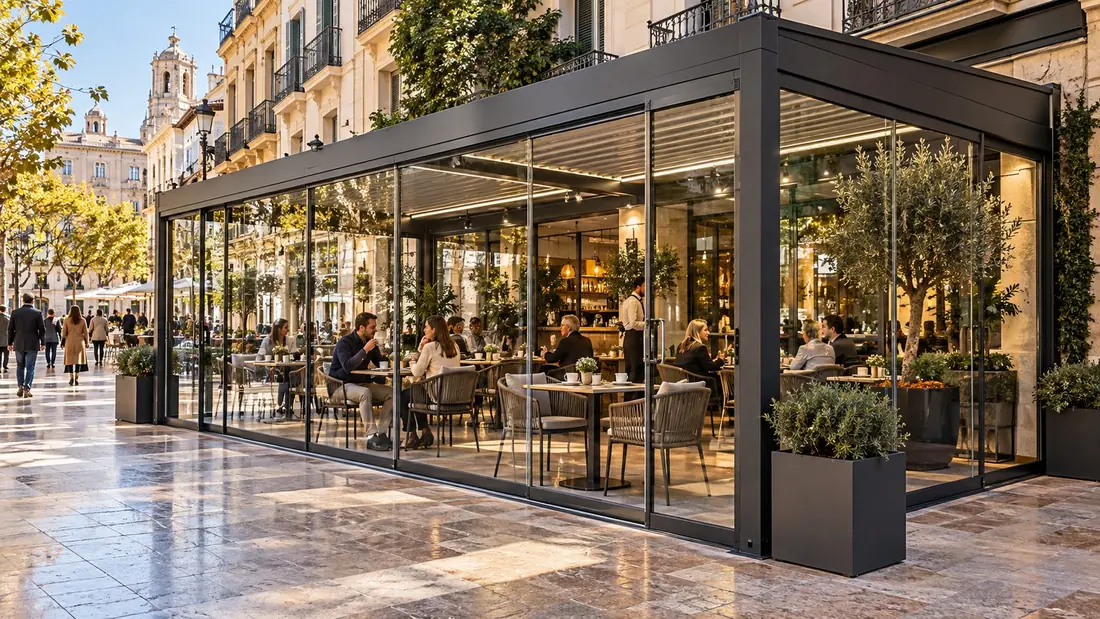 Terraza de restaurante con pérgola y cerramiento de cristal