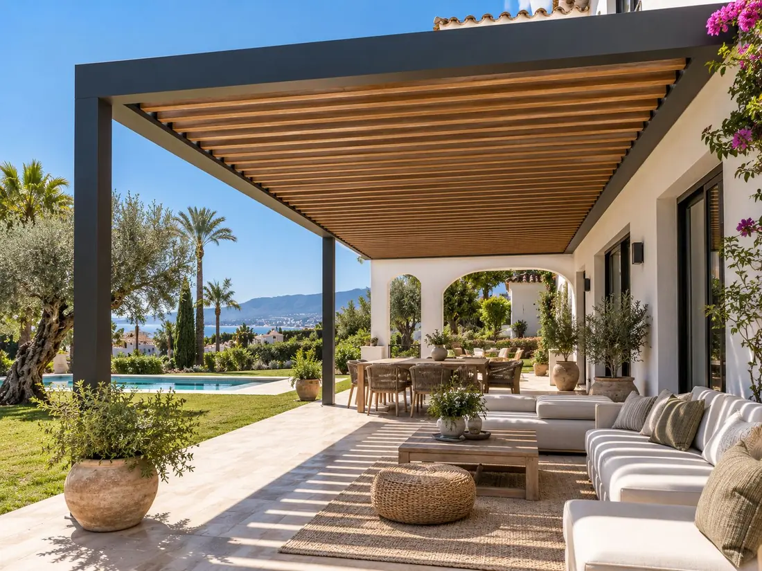 Pérgola de lamas con acabado madera en un porche