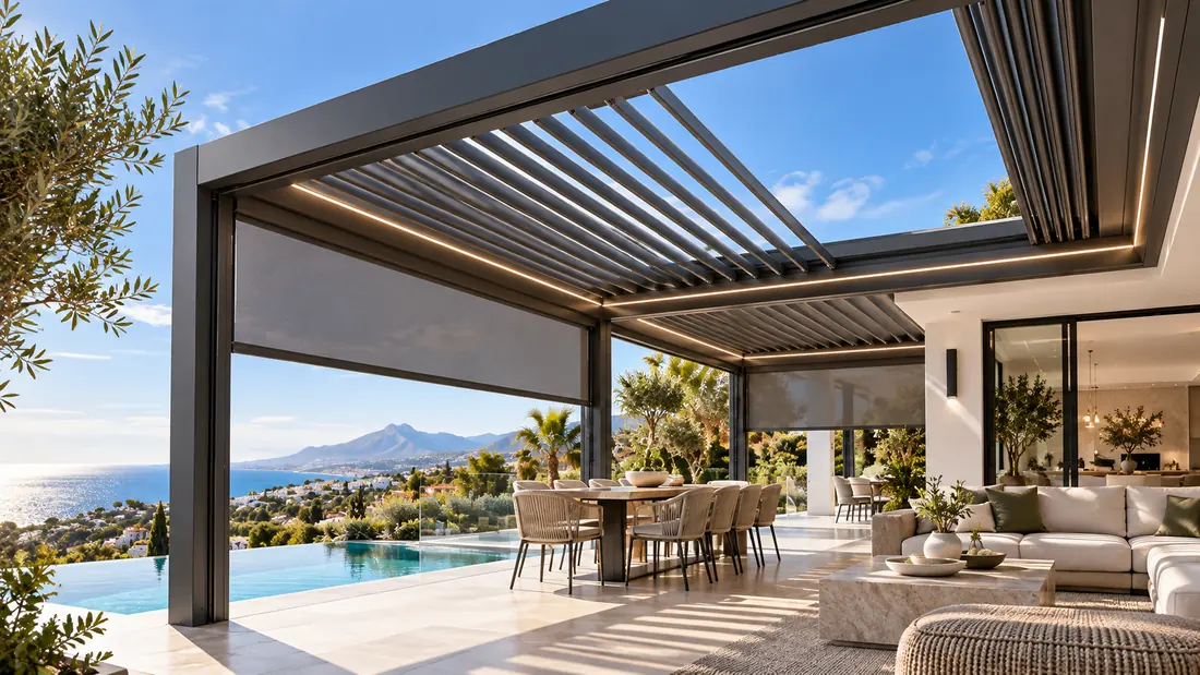 Pérgola con el techo de lamas recogido y el cielo abierto sobre un comedor exterior junto a la piscina