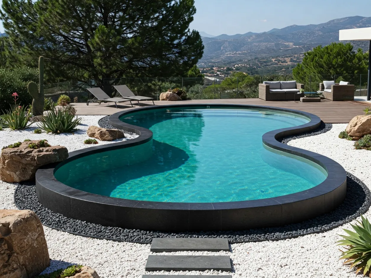 Piscina de forma orgánica rodeada de grava blanca y rocas