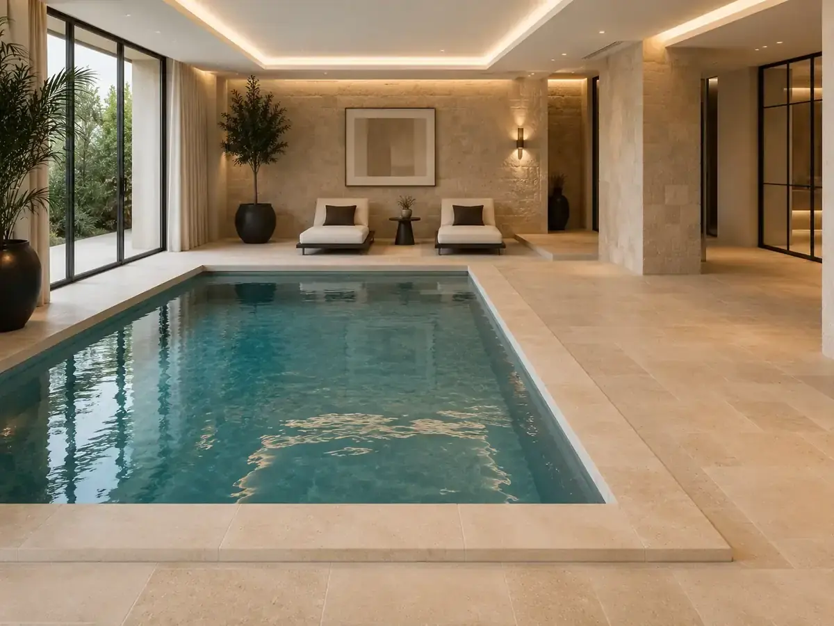 Piscina interior revestida en travertino