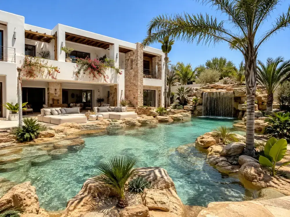 Piscina con playa de arena y rocas