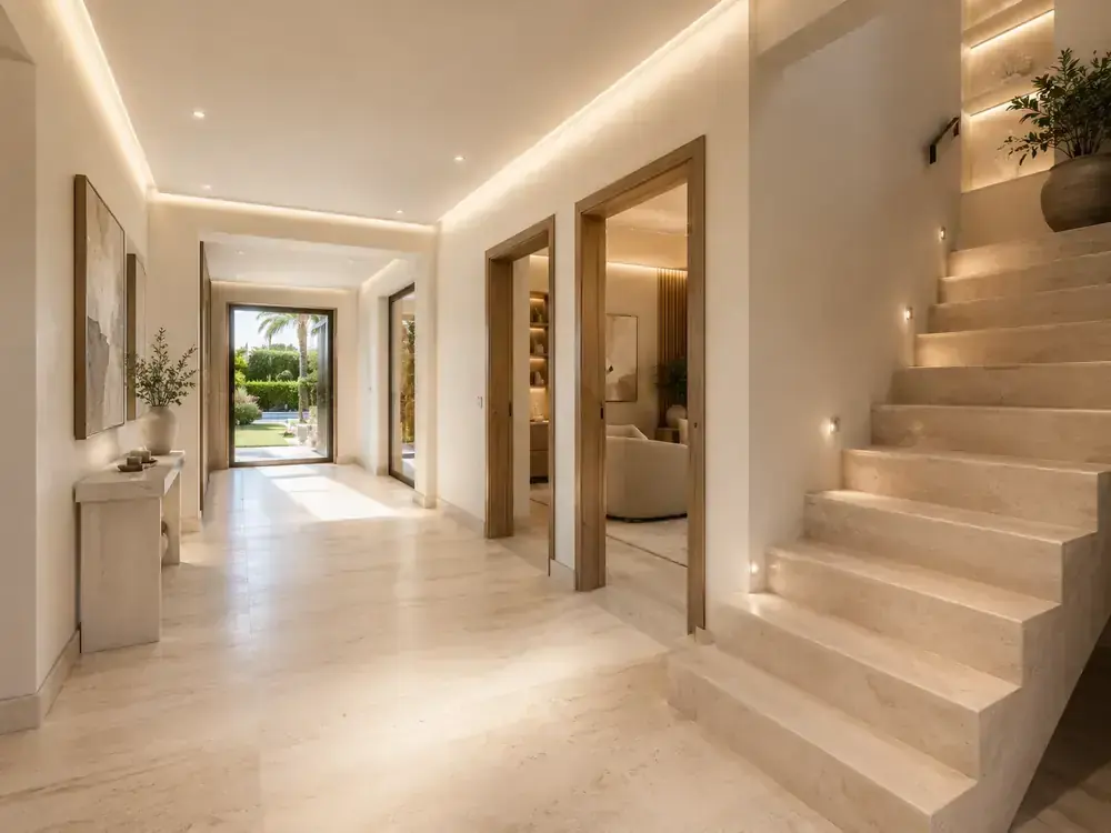 Recibidor y escalera en travertino