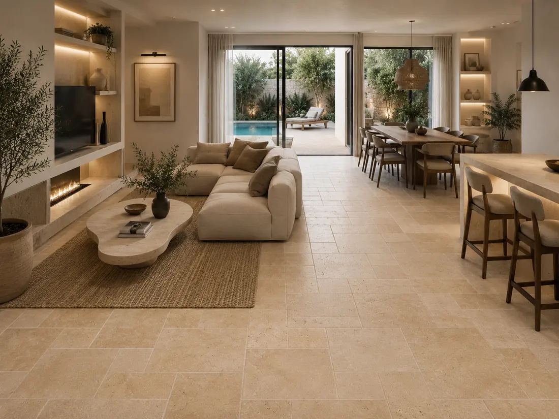 Salón-comedor abierto con suelo de travertino, sofá blanco y salida directa a la piscina