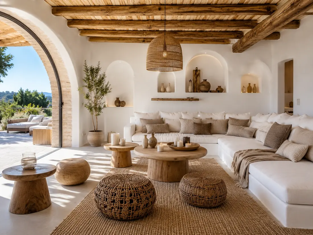 Salón mediterráneo blanco con arcos, vigas de madera, sofá de obra y fibras naturales