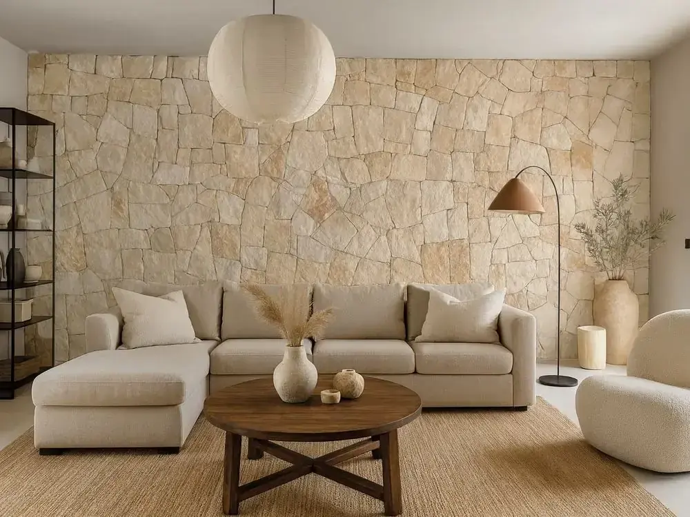 Salón con pared revestida en piedra natural