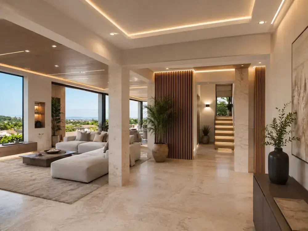 Salón con revestimientos de travertino