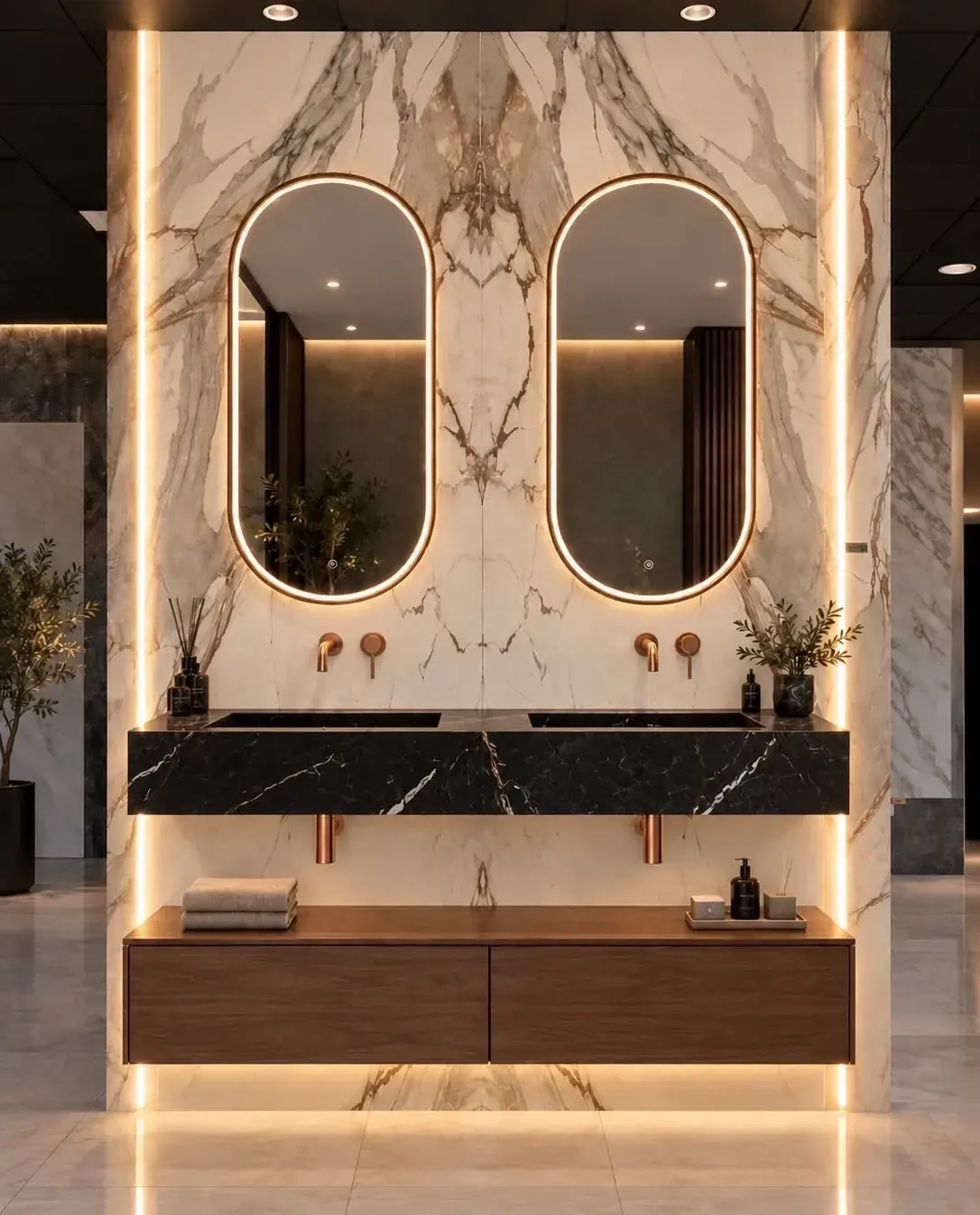 Visualización del nuevo showroom: baño con doble lavabo