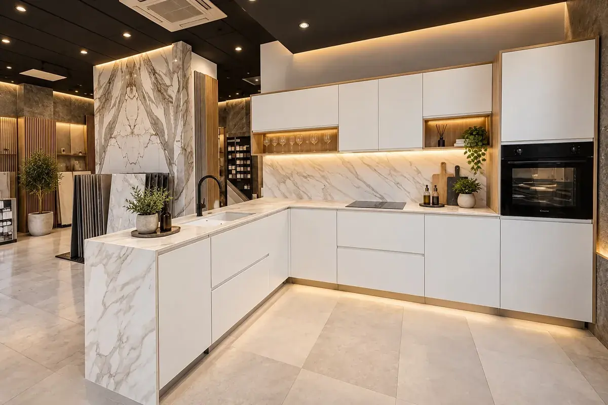 Visualización del nuevo showroom: cocina con encimera de mármol