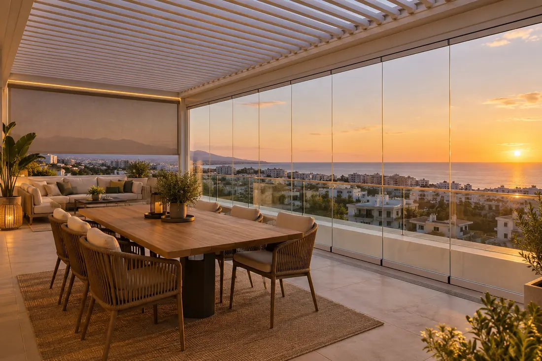 Terraza de ático con pérgola, cortinas de cristal sobre barandilla de vidrio y vistas a la ciudad y al mar
