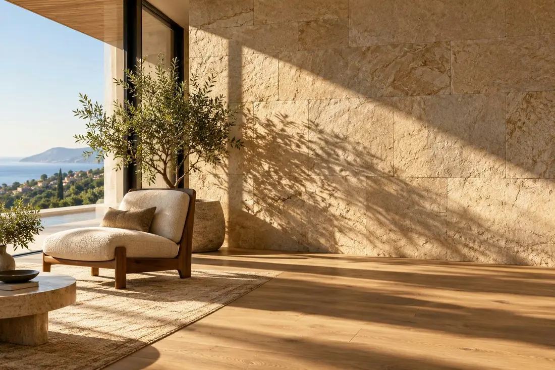 Muro de travertino con luz natural rasante