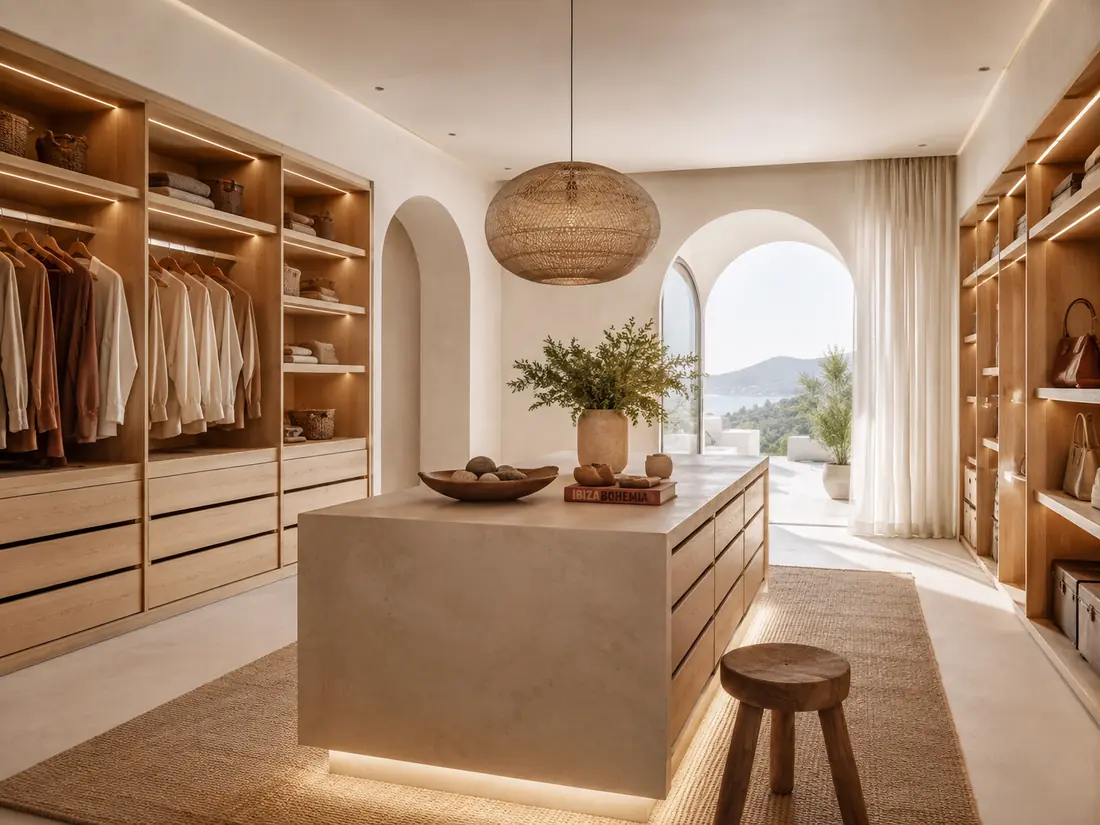 Vestidor con isla de acabado continuo iluminada con LED y arco abierto a la bahía