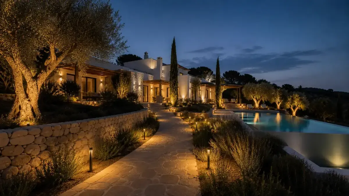 Villa mediterránea al anochecer con iluminación exterior