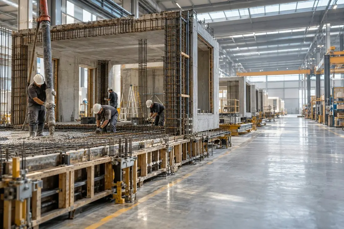 Fabricación de módulos de hormigón en nave industrial