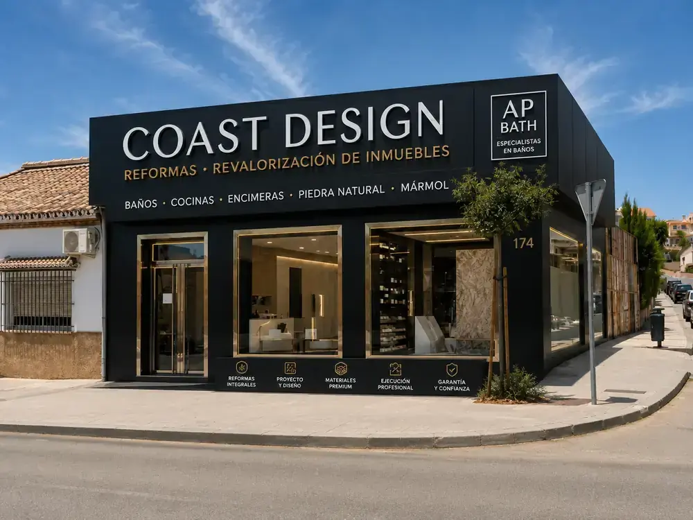 Fachada del showroom de Coast Design y APBATH en la calle Lope de Rueda, Málaga