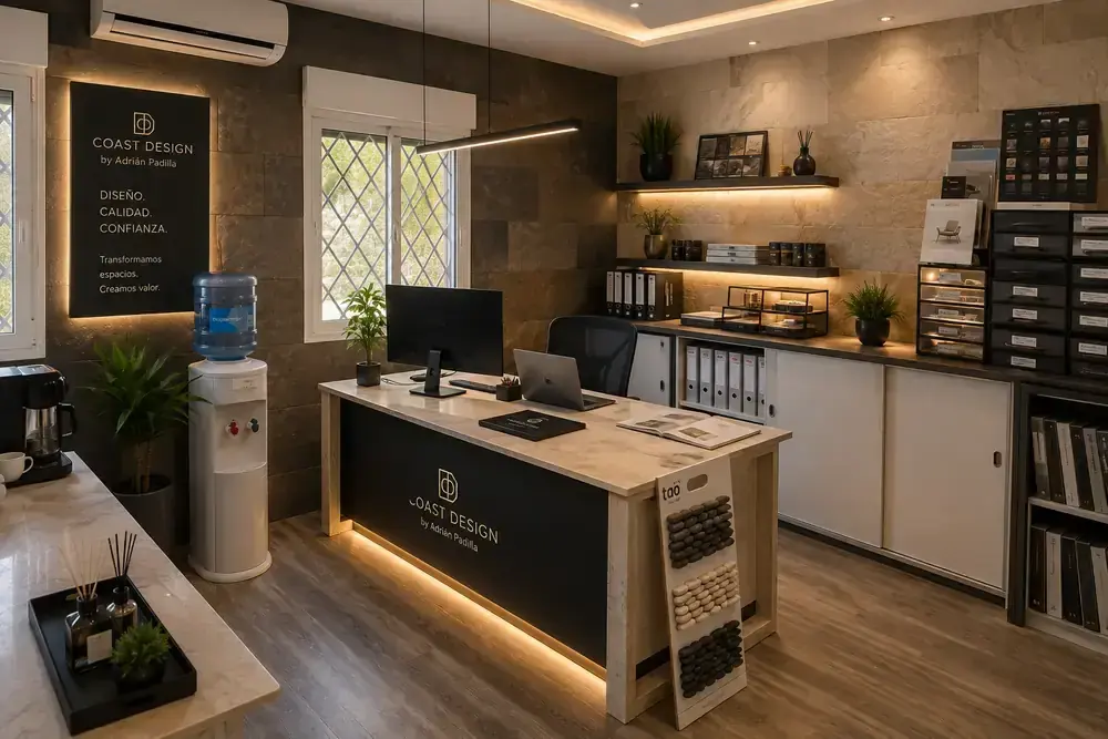 Recepción del showroom con muestrario de materiales